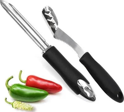 Image de Épépineur à piments jalapeños, lot de 2, épépineur en acier brut avec bord ondulé et manche caoutchouté, épépineur pour piments jalapeños, piments, poivrons, courgettes et concombres