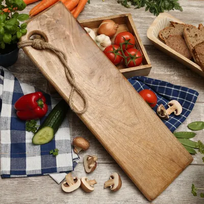 Produktbild von Schneidebrett - Servierbrett - rechteckig - Mangoholz - mit Kordel - L: 57,5cm - B: 18cm - natur