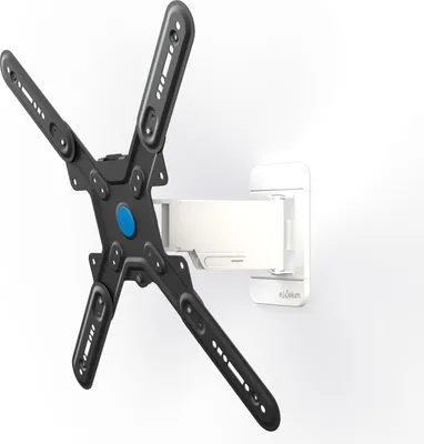 A black TV wall mount is attached to a white wall.