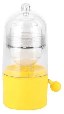 A yellow and clear plastic egg shaker device.