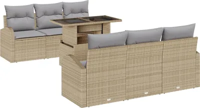 Produktbild von Möbel 7-teiliges Garten Sofa Set mit Kissen Beige Poly Rattan, 2-Sitzer Garten Sofa mit Stauraum & Kissen Beige Poly Rattan - Gartensofas 3357303