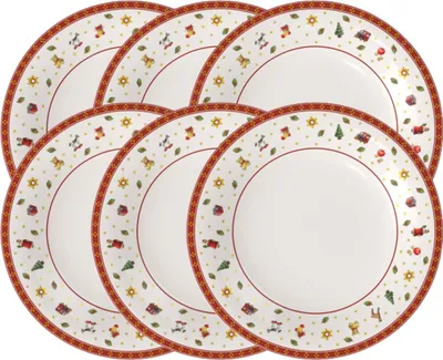 A set of six plates arranged in a cluster, viewed from a slightly elevated angle.