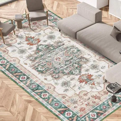 Image de Tapis à poils courts Unyqoos® pour salon et salle à manger – Design vintage, laine synthétique douce, lavable, antidérapant, 120 x 170 cm, vert