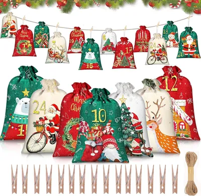Image de Calendrier de l'Avent à remplir - Sachets de calendrier de l'Avent - 24 sachets de calendrier de Noël - 24 jours de compte à rebours, sacs en jute - Sachets en tissu - Sachets cadeaux