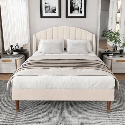 Produktbild von Beige Polsterbett 140x200 mit Lattenrost und Kopfteil für Erwachsene Jugendliche Holzlatten Unterstützung Einfache Montage Samt Ohne Matratze