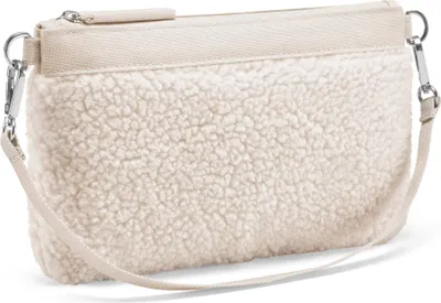 A fluffy cream-colored pouch with a beige fabric band across the top and a beige strap. The pouch is shown at an angle against a white background.