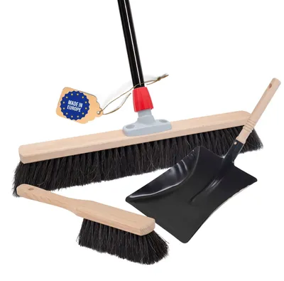 Produktbild von Novaliv Grosser Besen Saalbesen 60 cm mit Stiel Borsten Rosshaarbesen inkl. Kehrgarnitur schwarz bestehend aus Kehrblech und Handfeger besen fein Werkstattbesen Hallenbesen mit Stiel Industriebesen