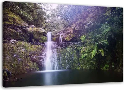 Produktbild von Leinwandbild wasserfall im wald 100x70 cm Feeby grün wandbild bereit zum aufhängen