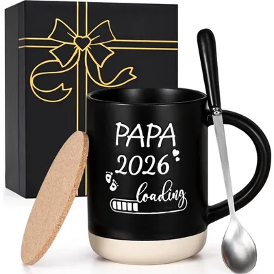 Productafbeelding van Koffiekop keramiek, 455 ml, zwart, "Papa 2026", cadeauverpakking met lepel en deksel
