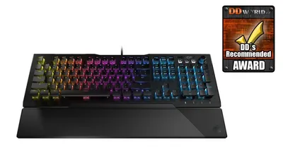 A black ROCCAT Vulcan 121 AIMO mechanical keyboard with RGB lighting and a wrist rest, next to an award badge.