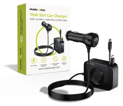 Immagine prodotto di Caricabatteria da auto Mobile Origin 75 W 5 in 1 Ca23 - 2 porte USB-C + USB-A, 2 cavi USB-C