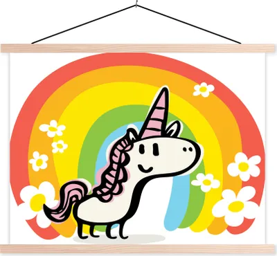 Produktbild von MuchoWow® Textilposter Eine Illustration eines Einhorns mit einem Regenbogen - Mädchen - Kinder - Kinder 60x45 cm mit holzfarbenen Rahmen - Bild