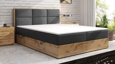 Boxspringbett LISSABON Eiche Holz mit Bettkasten 180 x 200 cm Webstoff Grau Anthrazit Bett Bettkasten Ehebett Hotelbett Designerbett Luxus
