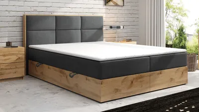 Produktbild von Boxspringbett LISSABON Eiche Holz mit Bettkasten 180 x 200 cm Webstoff Grau Anthrazit Bett Bettkasten Ehebett Hotelbett Designerbett Luxus
