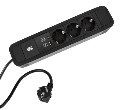 Produktbild von BACHMANN PRIMO2 Steckdosenleiste 3x Schutzkontakt, Aluminium, USB Charger A&C, schwarz, 2 m