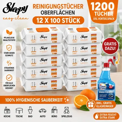 Produktbild von Sleepy Easy Clean Oberflächenreinigungstücher – 12x100 Orange + Glasreiniger GRATIS