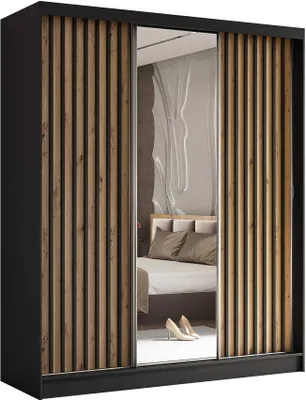 Produktbild von AGMAT Schwebetürenschrank Nevada, Kleiderschrank mit Spiegel und 3 Türen und 2 Schubladen, Moderne Garderobe in Farbe: Schwarz, Schrank in Größe: 180 x 216 x 61 cm