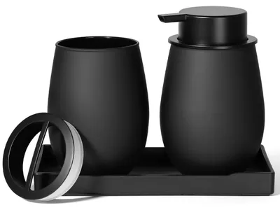Immagine prodotto di Set da bagno 3 pezzi, nero, vetro, 350 ml: dispenser per sapone, bicchiere per lo spazzolino, portasapone