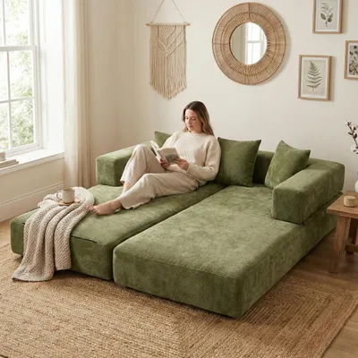 A woman is reading a book while sitting on a modular green sofa in a living room.