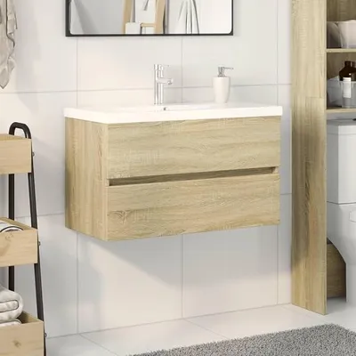 Produktbild von 2-TLG Badmöbel-Set Waschbeckenunterschrank und Keramik-Waschbecken Sonoma-Eiche Holzwerkstoff mit viel Stauraum für Badezimmer Gäste WC Aufbewahrung und Ablage