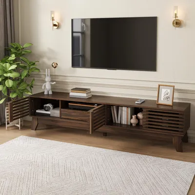 Produktbild von STILVORA TV-Lowboard mit 3 Türen, Schublade und offenen Fächern, TV-Schrank mit gerillter Front und MDF, Fernsehtisch für Wohnzimmer