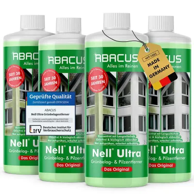 Four bottles of ABACUS Nell Ultra Grünbelagentferner are displayed in a studio shot against a white background.