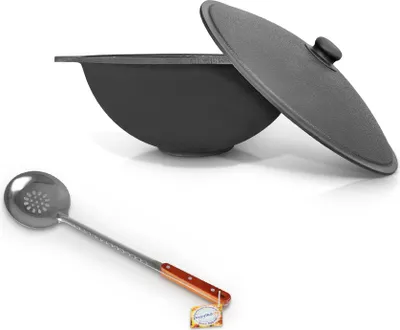 Produktbild von DAVR Metall Schmortopf Kazan Gusseisen 8 L Ø 37 cm flacher Boden Schaumlöffel 48 cm Set, Gusseisen, Aluminium (2-tlg), Dickwandig
