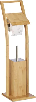 Produktbild von Relaxdays WC Garnitur, Bambus, Edelstahl, Klopapierständer mit Toilettenbürste, freistehend, HBT: 74 x 20 x 20 cm, natur