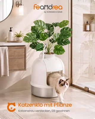 Produktbild von FEANDREA Verstecktes Katzenklo XXL Edelstahl Geschlossen für Große Katzen mit Pflanze 49 x 49 x 59 cm Wolkenweiß und Silbern
