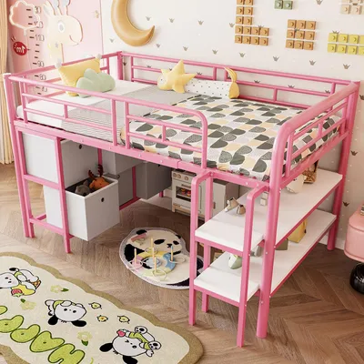 Produktbild von okwish Hochbett 90x200 Kinderbett Einzelbett mit abgerundete Ecken und Schutzkanten,Jugendbett mit mehreren Schubladen und offenen Regalen,Rosa (ohne Matratze)