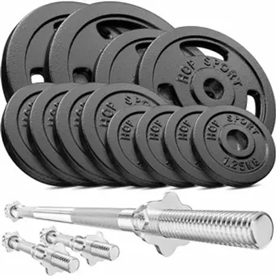 Produktbild von Hop-Sport 59kg Gusseisen Hantel-Set Langhantel Set  Langhantelstange Kurzhantelstange 30mm, 1x Langhantel, 2x Kurzhanteln, Gewichte: 2x10kg, 2x5kg, 4x2,5kg, 4x1,25kg