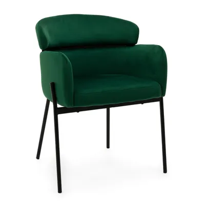 A single green armchair with black legs, isolated on a white background.