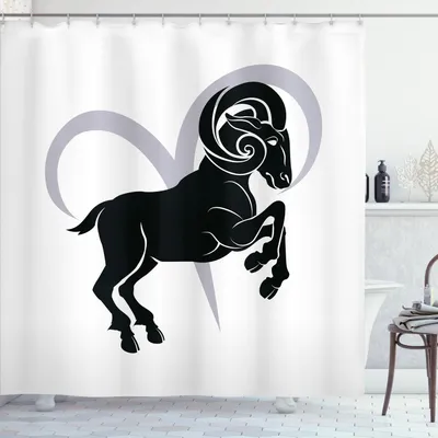 Obrázok produktu pre ABAKUHAUS Znamenie zverokruhu Baran Sprchový záves, čierna silueta astrologického zvieraťa na sivom pozadí, 175 x 220 cm, bledo sivá biela