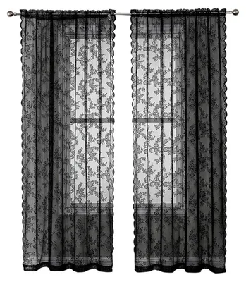 2er-Set Spitzenvorhänge mit Blumenmuster, transparent, 75x200 cm, schwarz