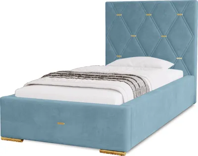 Produktbild von Polsterbett Golden Premium 90x200 cm, Bett mit Kopfteil, Doppelbett mit Bettkasten, Matratze und Lattenrost aus Holz, Velourstoff: Hellblau