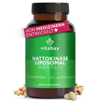 Produktbild von Vitabay Nattokinase 2.000 FU – 180 vegane Kapseln – liposomale Nattokinase aus fermentierten Sojabohnen – ohne Zusatzstoffe