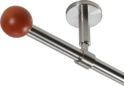 Produktbild von Gardinenstange Set Edelstahl Look Metall Ø 16mm zur Deckenträger 1-lauf Modern Kugel Holz, Länge wählbar D11 E50
