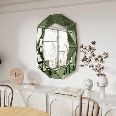 Immagine prodotto di Specchio da parete Vrygle 100×72 cm, grande, specchio decorativo verde con motivo a rombi, specchio in vetro moderno per bagno, soggiorno, corridoio, decorazione da parete