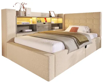 Immagine prodotto di Letto imbottito con contenitore - 90 x 190 cm - Illuminazione LED - Contenitore ad apertura idraulica - Testiera a forma di "L" - Colore beige