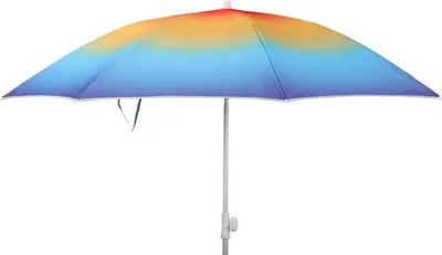 A colorful beach umbrella is shown against a white background.