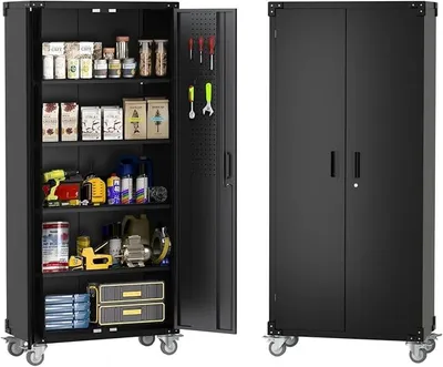 Produktbild von Abschließbarer Metallschrank mit Rollen – Stahlschrank mit Lochwand & 4 verstellbaren Einlegeböden – Robuste Werkzeug- & Aktenaufbewahrung für Garage, Werkstatt, Büro oder Zuhause – Mit Türen &