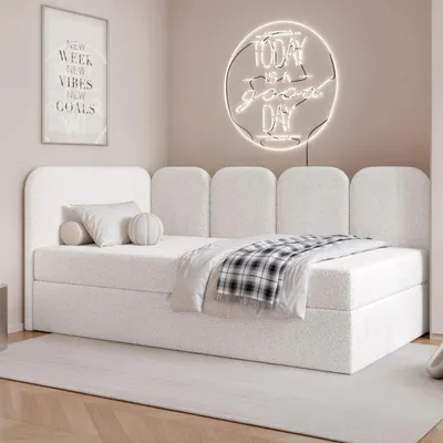 Produktbild von Jugendbett FINO 120x200 Links Bettkasten Bonellmatratze Weiß Bouclé