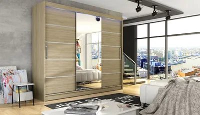 Obrázek produktu pro Velká šatní skříň se zrcadlem 250 cm HORTENSIA 4 - dub sonoma + RGB osvětlení