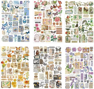 Obrázok produktu pre Scrapbook nálepky, kvety a motýle, 6 hárkov, washi papier, pre bullet journal