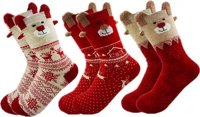 Produktbild von 3 Paar Weihnachtssocken Damen Baumwolle Winter Warm Weihnachten Socken Cartoon-Muster Rentier Schneeflocke Santa Claus Socken Für Frauen