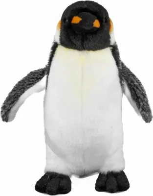 A stuffed penguin toy standing upright against a white background.