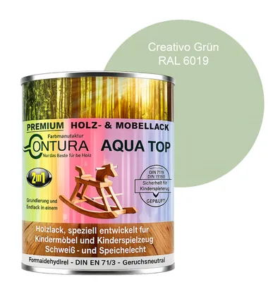 Produktbild von Contura 750ml. Möbellack Lack für Kinderspielzeug Buntlack DIN EN71/3 Buntlack Holzlack - Ral 6019 Creativo Grün