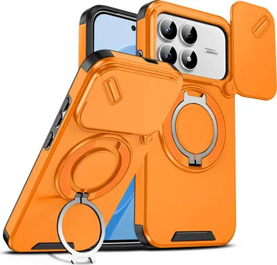 Immagine prodotto di Custodia a doppio strato per Xiaomi Poco F8 Pro/Redmi K90, con copertura scorrevole per la fotocamera e supporto magnetico ad anello Arancione