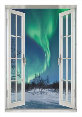 Produktbild von Wallario Wandbild mit Fenster-Illusion: Polarlicht in Schweden, Größe: 61 x 91,5 cm, Poster mit rahmenlosen Bildhalter