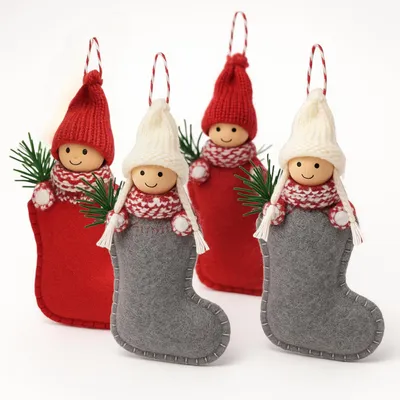 4 Wichtel-Stiefel aus Filz & Holz, 17 cm, Weihnachtsdeko
